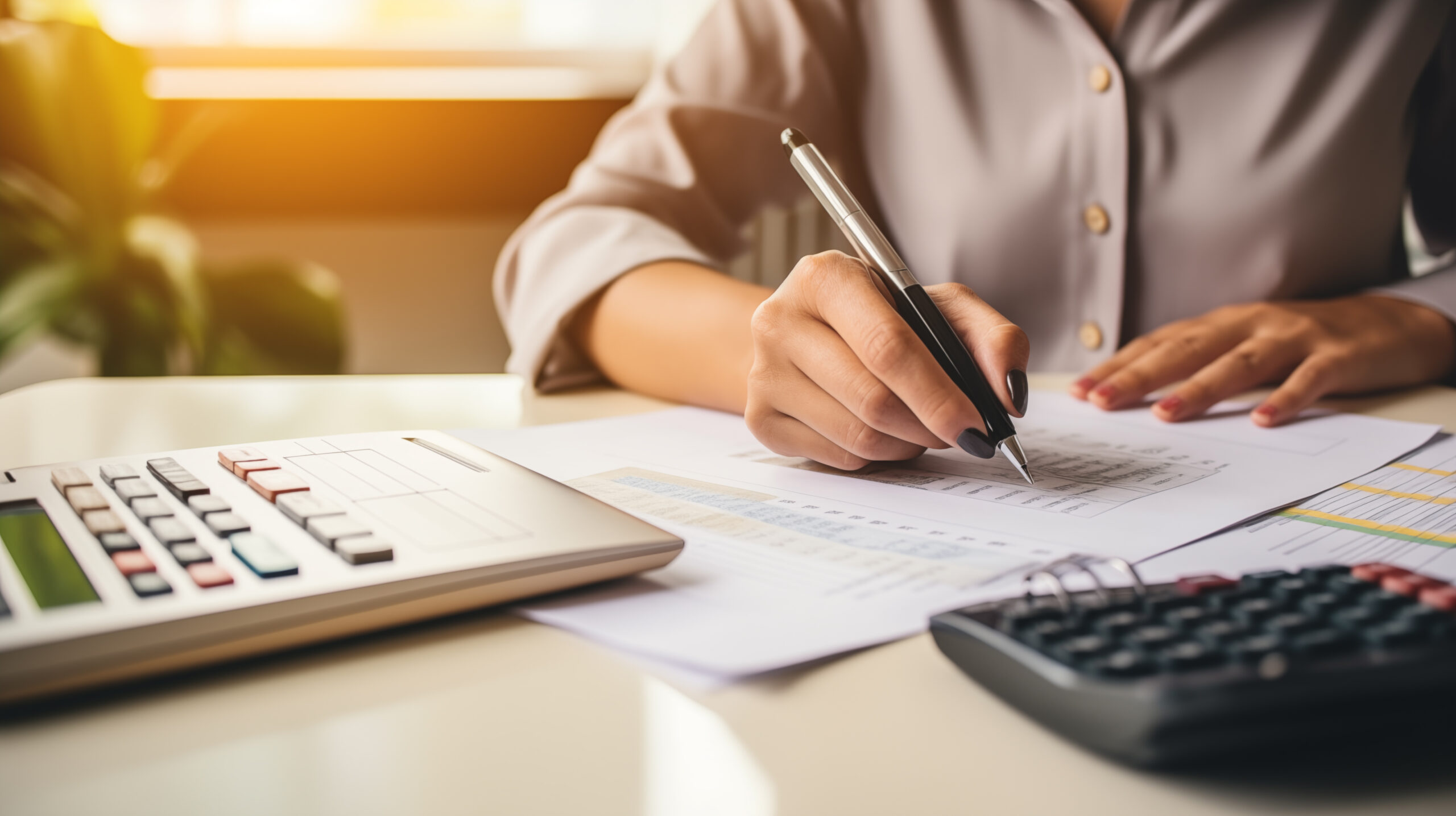 person writing with a pen on a table next to a calculator