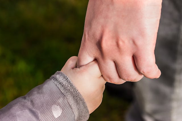 parent holding their toddler's hand