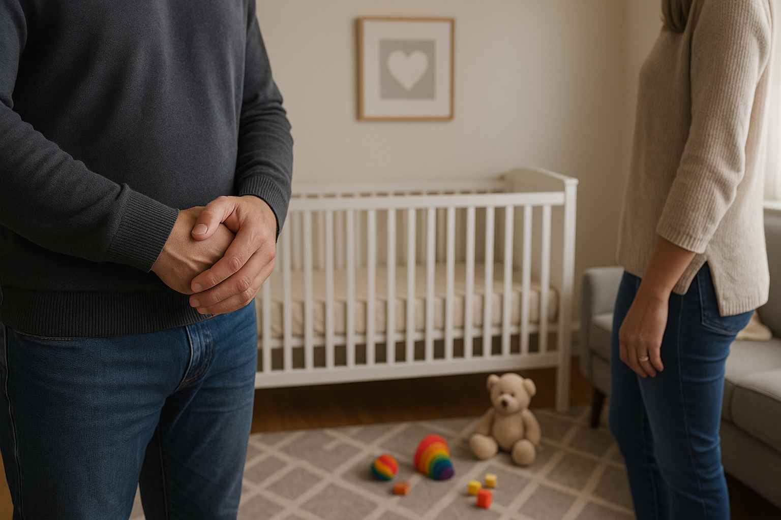 father and mother in child's bedroom next to crib