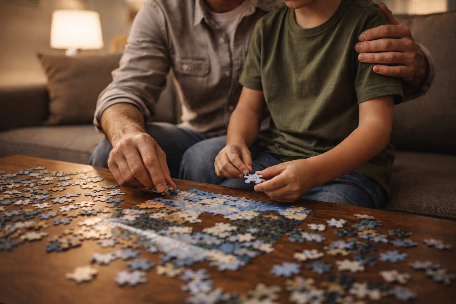 father working on puzzle with son